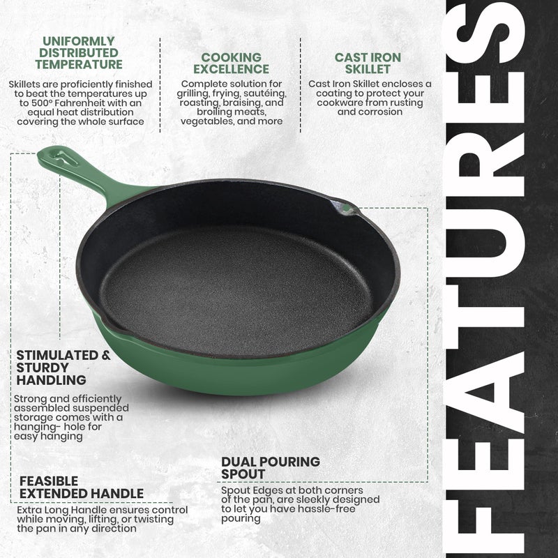 Utopia Kitchen Cast iron Skillets 3 Piece Set, Chefs Pan, Pre Seasoned Cast iron Skillets, 6, 8 & 10 Inches, Easy Use in the Oven, Stove, Grill, or Campfire, Green - Image 4