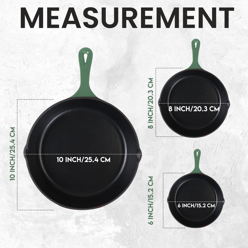 Utopia Kitchen Cast iron Skillets 3 Piece Set, Chefs Pan, Pre Seasoned Cast iron Skillets, 6, 8 & 10 Inches, Easy Use in the Oven, Stove, Grill, or Campfire, Green - Image 2