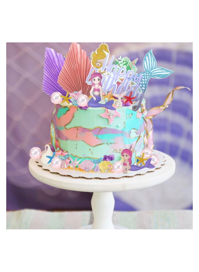 Excefore Mermaid Cake Toppers, 27Pcs Under The Sea Cake Toppers Kit with Mermaid Figurines starfish Shell mermaid Tail cupcake Picks for Kids Girls Birthday Baby Shower Party Decorations - Image 2