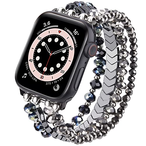 MOFREE Beaded Bracelet Compatible with Apple Watch Band 38mm/40mm/41mm/42mm, Fashion Elastic Stretch Women Bands for iWatch Series 11/10/9/8/7/SE/6/5/4/3/2/1 iPhone Watch Strap Bands (Blue/Dark Grey) - Image 1