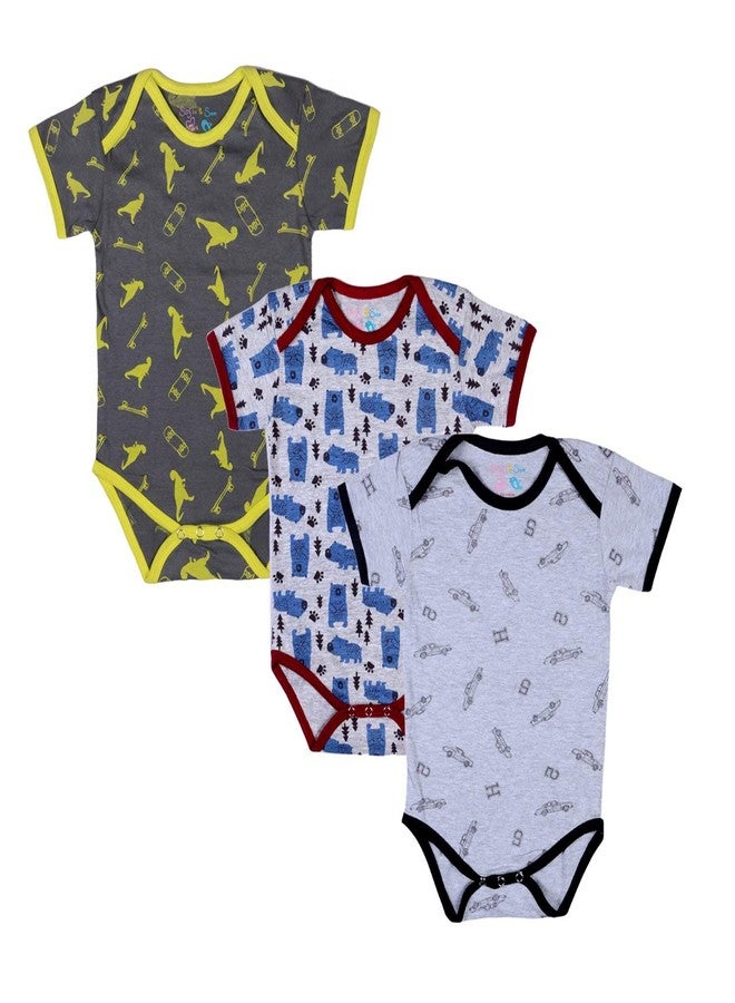 Sofie & Sam Baby Romper Half Sleeves Premium Cotton Pack of 3 - Dianosour/Car/Bear (6-9 Months) - Image 1