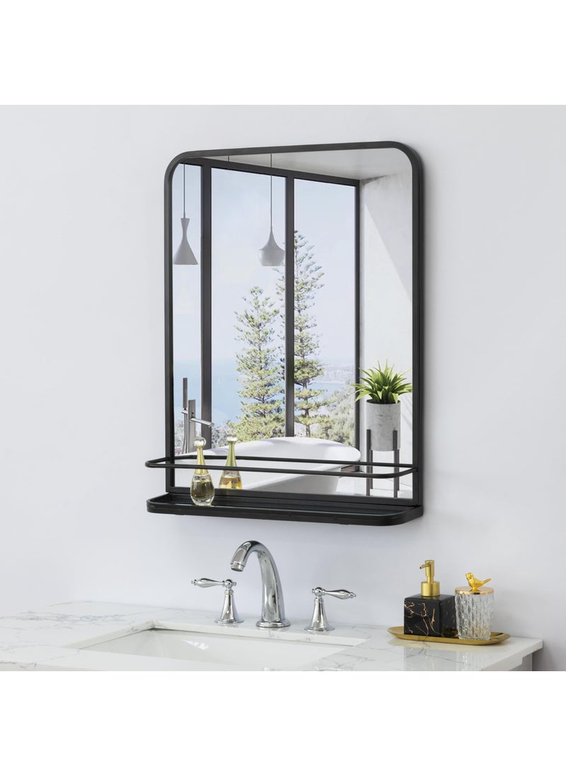 HMANGE Matte Black Farmhouse Bathroom Mirror with Shelf Modern Vanity Mirror for Wall Rectangle Metal Framed Rounded Corner Wall Mirror for Bathroom Living RoomEntryway21267 Inch 