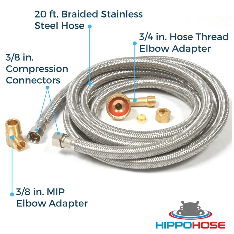 Hippohose 20 Ft Stainless Steel Dishwasher Water Hose Kit - Universal Fit Braided Ss 3/8'' Connections 5-Year Warranty - Image 2