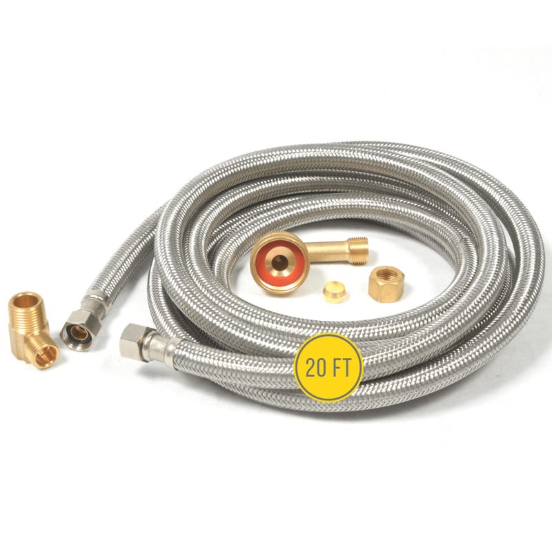 Hippohose 20 Ft Stainless Steel Dishwasher Water Hose Kit - Universal Fit Braided Ss 3/8'' Connections 5-Year Warranty - Image 1