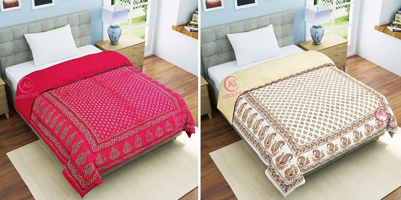 WORLDNEX 400 TC Pure Cotton Jaipuri Design Printed Light Weight Traditional Rajasthani Print Single Bed QuiltRazaiRajai Design 15 Single Bed Set of 2 Combo Set - Image 4