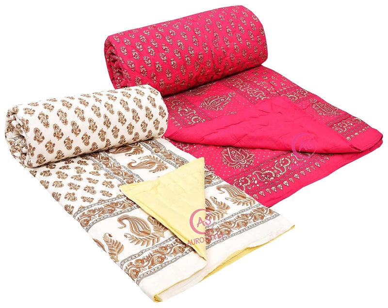 WORLDNEX 400 TC Pure Cotton Jaipuri Design Printed Light Weight Traditional Rajasthani Print Single Bed QuiltRazaiRajai Design 15 Single Bed Set of 2 Combo Set - Image 2