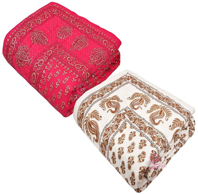 WORLDNEX 400 TC Pure Cotton Jaipuri Design Printed Light Weight Traditional Rajasthani Print Single Bed QuiltRazaiRajai Design 15 Single Bed Set of 2 Combo Set - Image 3