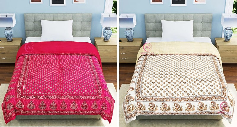 WORLDNEX 400 TC Pure Cotton Jaipuri Design Printed Light Weight Traditional Rajasthani Print Single Bed QuiltRazaiRajai Design 15 Single Bed Set of 2 Combo Set - Image 5