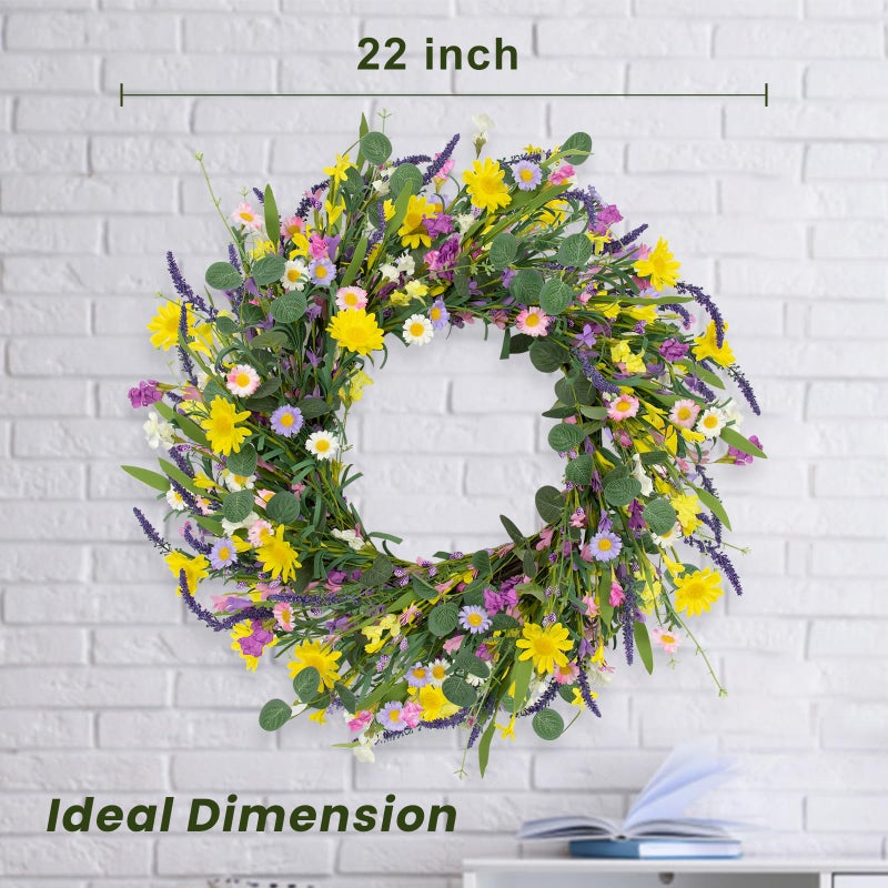 LLZLL Spring Decorations for Home 22" Spring Wreath Artificial Summer Wreaths with Eucalyptus Leaf Lavender and Daisy for Easter Indoor Outdoor Home Festival Celebrations - Image 5