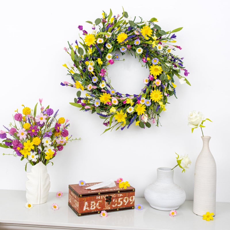 LLZLL Spring Decorations for Home 22" Spring Wreath Artificial Summer Wreaths with Eucalyptus Leaf Lavender and Daisy for Easter Indoor Outdoor Home Festival Celebrations - Image 2
