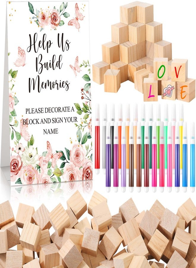 Dinifee 125 Pcs Baby Shower Decorate a Block Game Set Includes Help Us Build Memories Sign 100 DIY Blank Wooden Block 24 Paint Marker Prize for Wedding Baby Shower Game(Flower) - Image 1