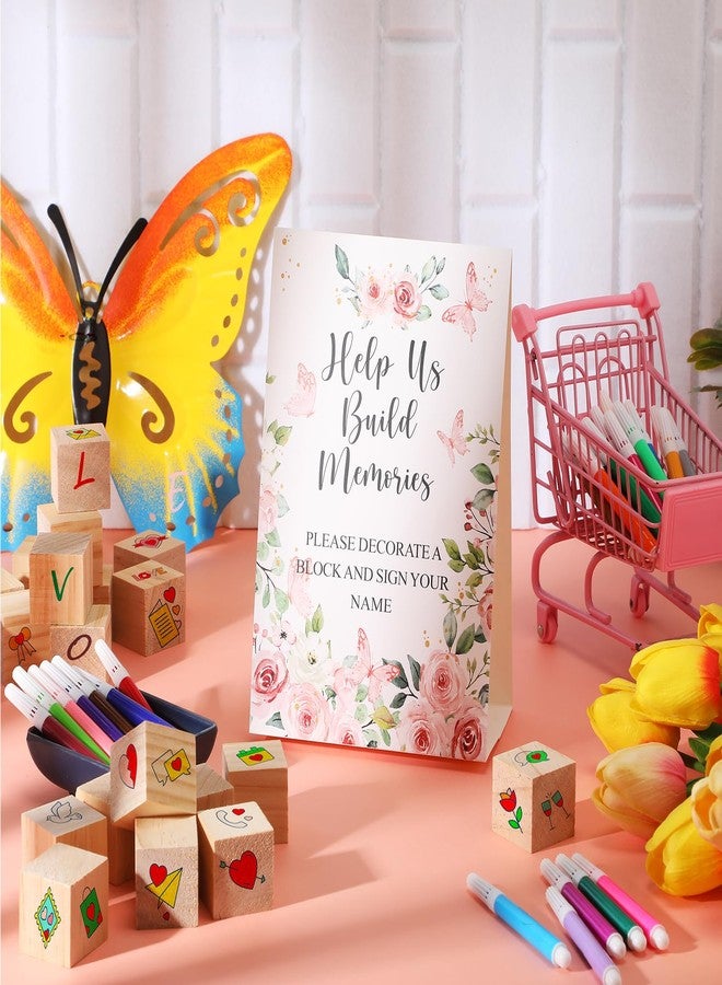 Dinifee 125 Pcs Baby Shower Decorate a Block Game Set Includes Help Us Build Memories Sign 100 DIY Blank Wooden Block 24 Paint Marker Prize for Wedding Baby Shower Game(Flower) - Image 4