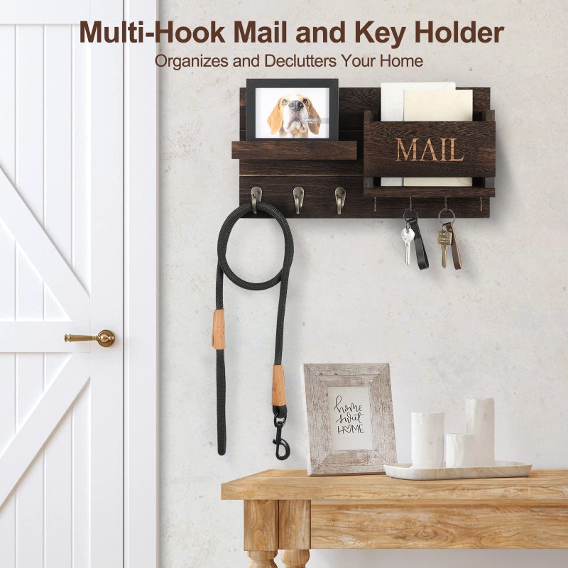 Lwenki Mail Organizer for Wall Mount â€“ Key Holder with Shelf Includes Letter Holder and Hooks for Hallway Farmhouse Decor â€“ Rustic Wood with Flush Mounting Hardware (16.5â€ x 9.1â€ x 3.4â€) (Brown) - Image 4