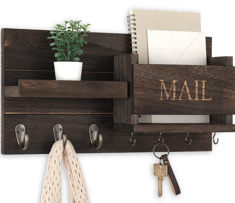 Lwenki Mail Organizer for Wall Mount â€“ Key Holder with Shelf Includes Letter Holder and Hooks for Hallway Farmhouse Decor â€“ Rustic Wood with Flush Mounting Hardware (16.5â€ x 9.1â€ x 3.4â€) (Brown) - Image 1