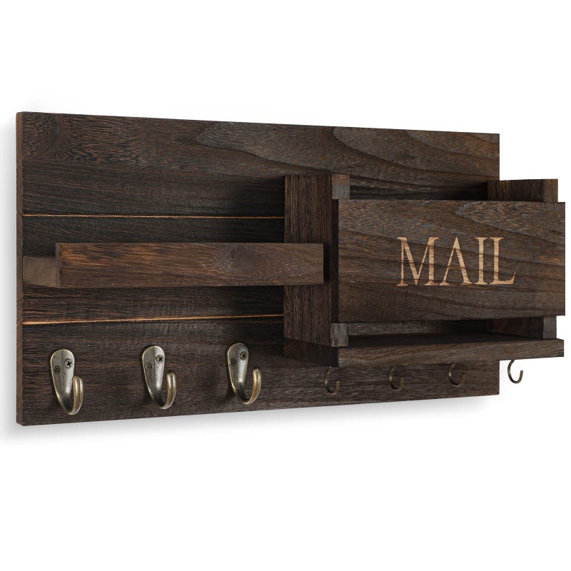 Lwenki Mail Organizer for Wall Mount â€“ Key Holder with Shelf Includes Letter Holder and Hooks for Hallway Farmhouse Decor â€“ Rustic Wood with Flush Mounting Hardware (16.5â€ x 9.1â€ x 3.4â€) (Brown) - Image 2