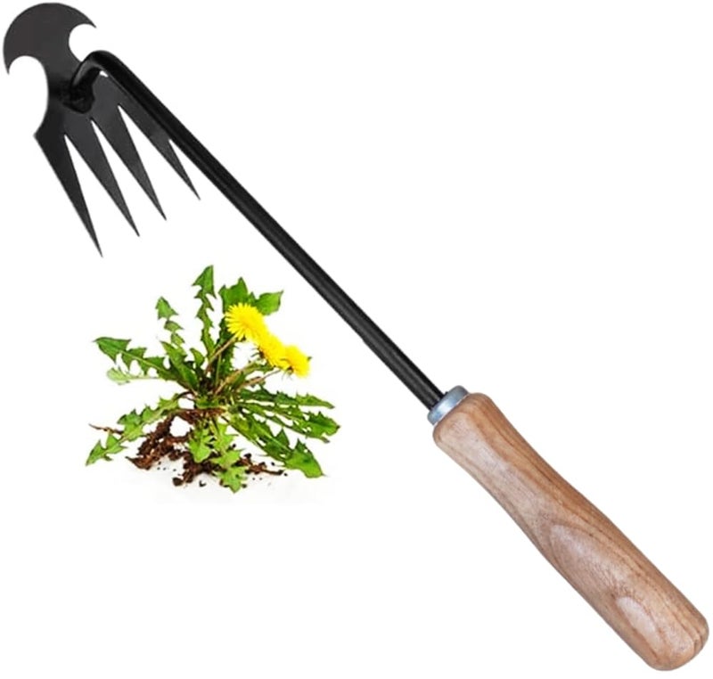 REDBUILD® Garden Weeding Tool with Wooden Handle || Weeder Hand Tool 4 Claws || High Carbon Steel || Manual Weed Puller for Lawn and Garden || Gardening Tools || Weed Removal Tool (Carbon Steel) - Image 1