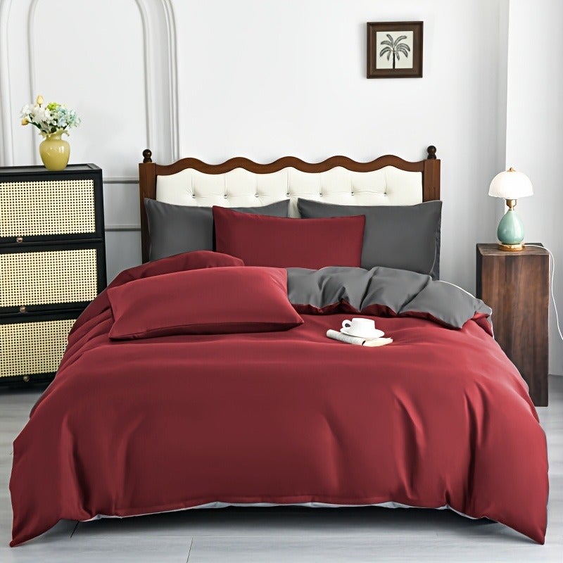 5pcs Dual-Style Solid Color Duvet Cover and Pillowcase Set, Brushed Fabric Skin-Friendly All-Season Breathable Comfortable Minimalist Duvet Cover and Pillowcase Set, Includes One Duvet Cover and Four Pillowcases - Image 1