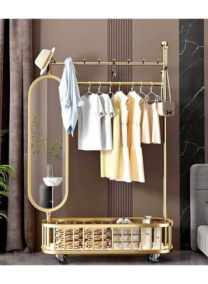 DubaiGallery 3 In 1 Luxury Floor Standing Rotatable Clothes Hanger with Full Length Dressing Mirror, Storage Hooks and Basket, Universal Wheels, Gold Finish 80cm - Image 1