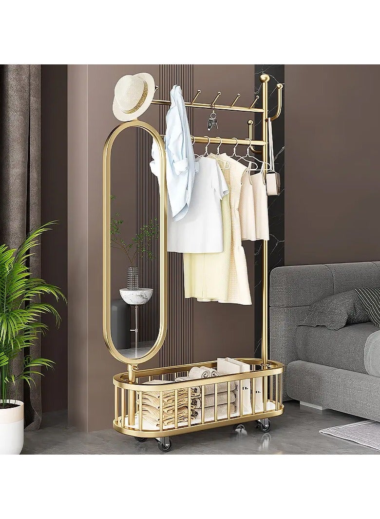 DubaiGallery 3 In 1 Luxury Floor Standing Rotatable Clothes Hanger with Full Length Dressing Mirror, Storage Hooks and Basket, Universal Wheels, Gold Finish 80cm - Image 3