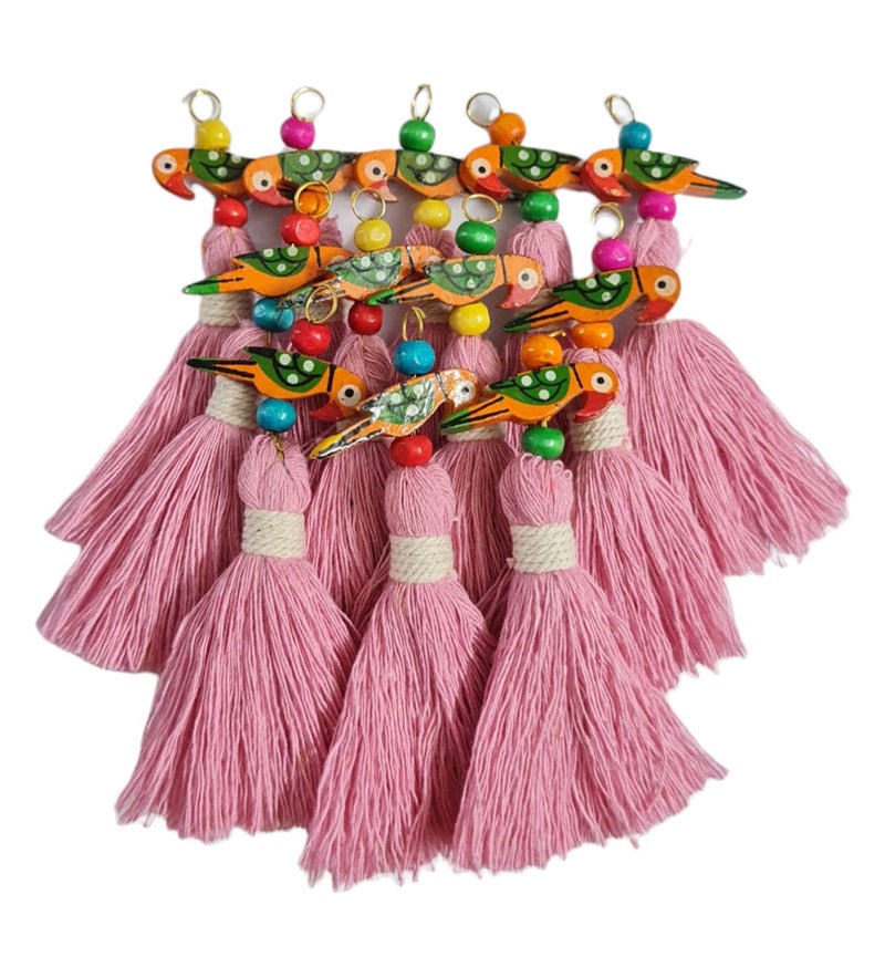 Zippy Flora Mini Cotton Tassels with Parrots (Pack of 10) (Baby Pink) - Image 1