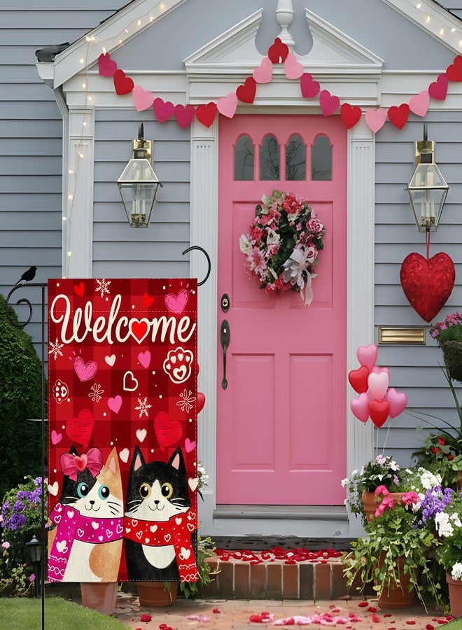 ZAEW Welcome Valentine’s Day Garden Flag Romantic Love Heart Couple Cats Paw Yard Flag 12x18 Inch Double Sided Small Mini Yard Outdoor Outside Holiday Decoration - Image 2