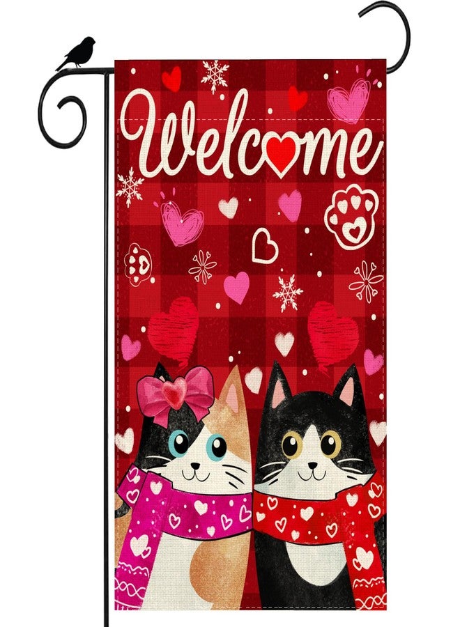 ZAEW Welcome Valentine’s Day Garden Flag Romantic Love Heart Couple Cats Paw Yard Flag 12x18 Inch Double Sided Small Mini Yard Outdoor Outside Holiday Decoration - Image 1
