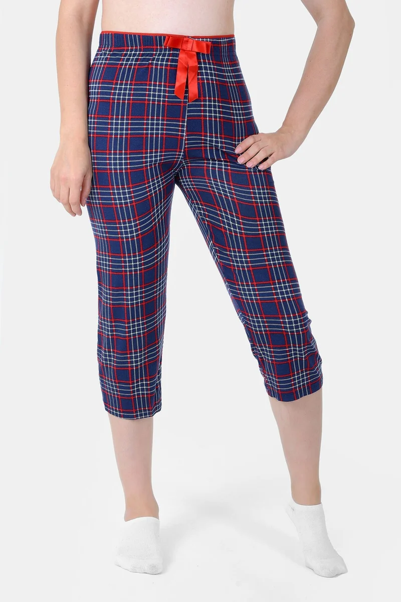 لويا Navy Blue Start Plaid Pattern Capri Pajama Bottoms