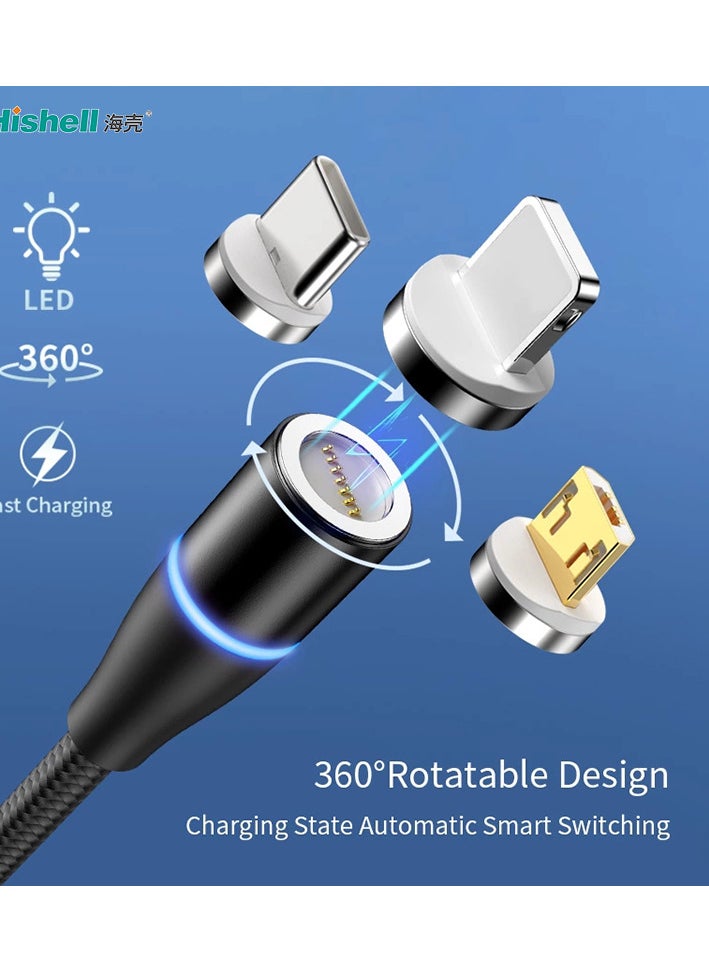 ⭐ Magnetic DATA USB Cable 3A Fast Charging 380° Rotate with Type C+Micro+Lightning Plugs كابل شحن مغناطيسي ماغنيتك بطول 2 متر يدعم نقل البيانات يدعم الشحن السريع مع 3 راس متغير تايب سي وميكرو وايفون Magnetic Cable Fast Charging Cable Micro USB Type c & iOS Phone 3A Fast Charging With Data Transfer 7 Pin Connector 360 Degree Rotation LED Indication 2 Meter Length