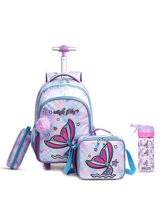Eazy Kids 18 Inch Set Of 4 Trolley School Bag With Tritan Water Bottle 420 ML, Lunch Bag And Pencil Case - Mermaid Purple - Image 1