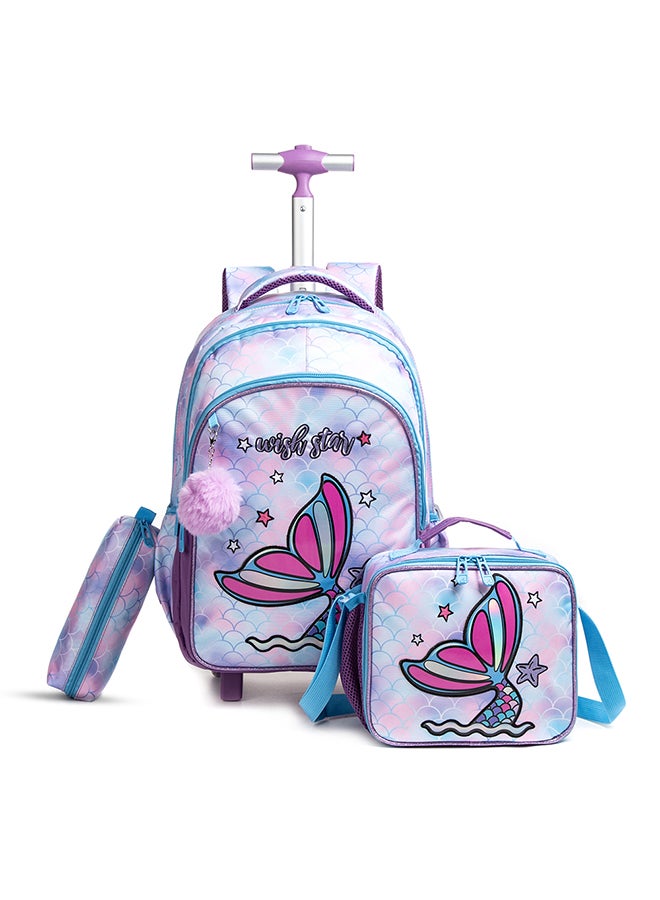 Eazy Kids 18 Inch Set Of 4 Trolley School Bag With Tritan Water Bottle 420 ML, Lunch Bag And Pencil Case - Mermaid Purple - Image 2