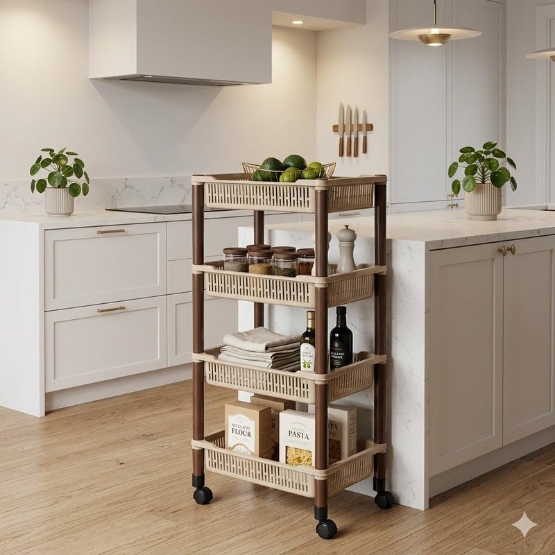Shelf Trolley Movable 4 Layers Plastic Mesh Baskets for Kitchen and Home (Random Color) Multicolor - Image 2
