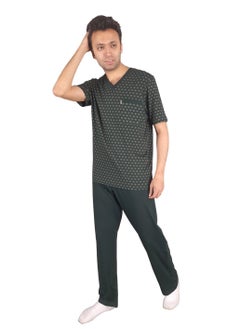 Men Summer Pajama Set Printed Top & Plain Bottom - Dark Green