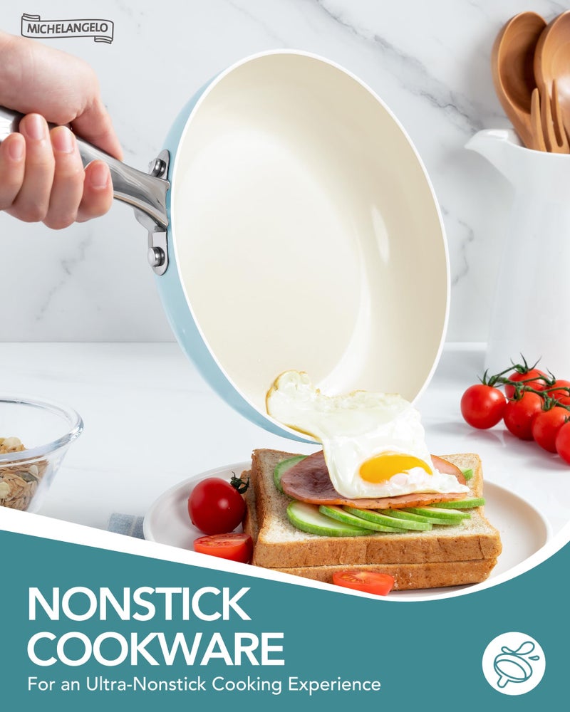 MICHELANGELO Pots and Pans Set Non Stick - Titanium Cookware Set Non Toxic Ceramic Coating, 8-Pcs Nonstick Pots and Pans with Ergonomic Handle, Dishwasher Safe & Induction Compatible, Blue - Image 3