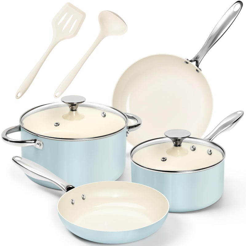 MICHELANGELO Pots and Pans Set Non Stick - Titanium Cookware Set Non Toxic Ceramic Coating, 8-Pcs Nonstick Pots and Pans with Ergonomic Handle, Dishwasher Safe & Induction Compatible, Blue - Image 1