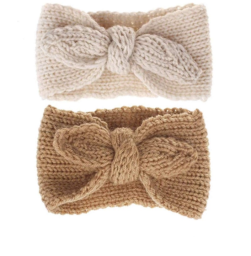 UTOWO Newborn-Infant-Toddler Knitted-Knotbow-Turban Rabbit-Ear-Headbands Baby-Girls Head-Wrap-Headband 0-6 years (Camel + Beige) - Image 1