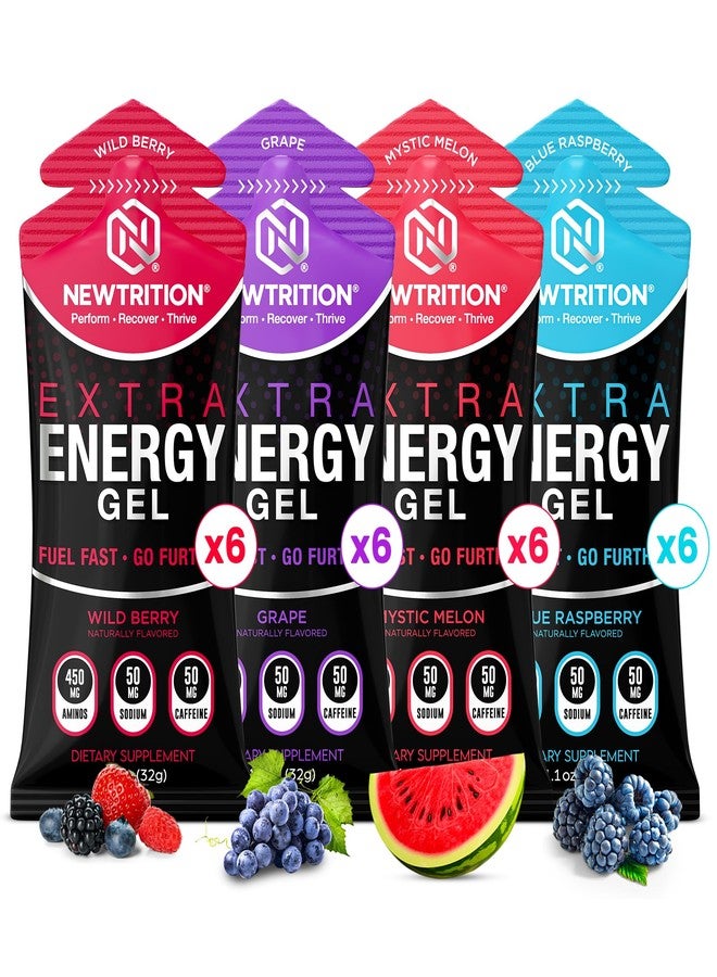 NewTrition® Extra Energy Gel Variety Pack - Fast Fuel with 50mg Caffeine, Amino Support, Smooth Texture, Electrolytes - Easy Digestion Running Gel for Cycling & Running - Image 1