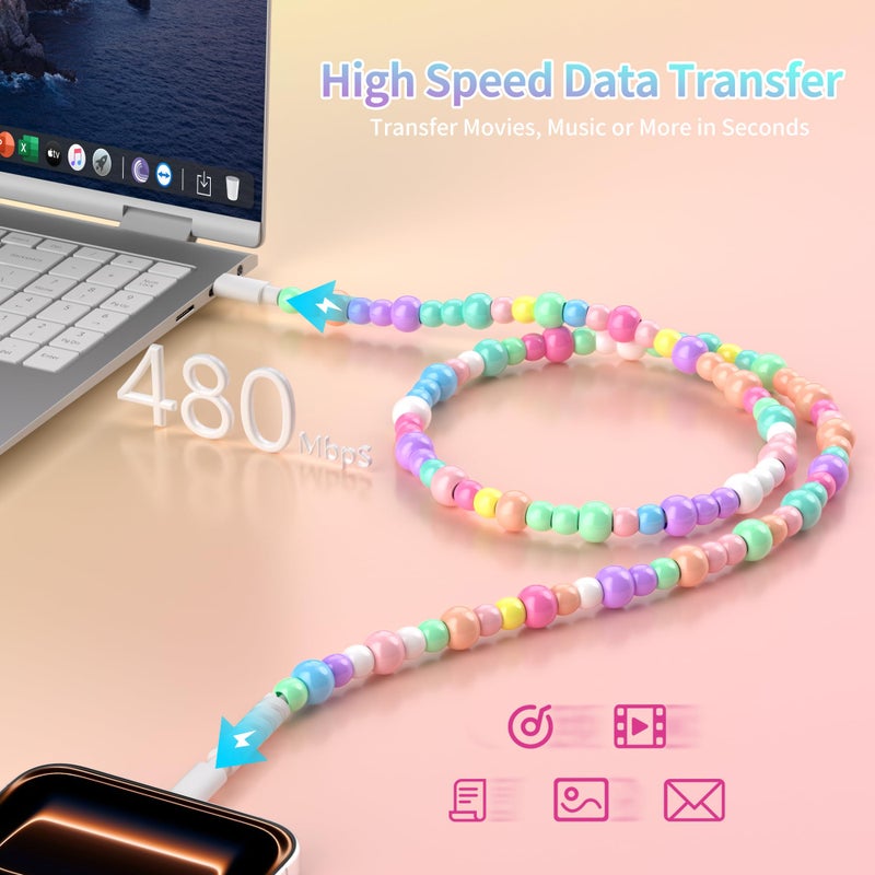 WESADN USB C to USB C Cable 3.3FT for iPhone Charging Cable Candy Beads USB C Cord Fast Charging Cable for iPhone Charger Cord Phone 17 16 15 Pro Max i-Pad/Galaxy S25 S24, Colored - Image 3