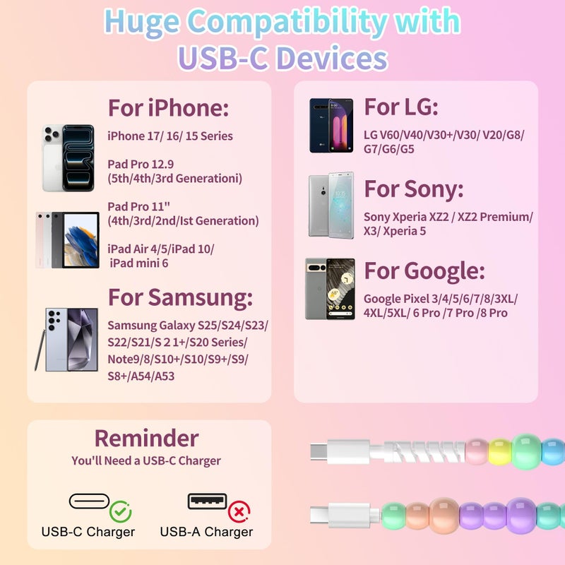 WESADN USB C to USB C Cable 3.3FT for iPhone Charging Cable Candy Beads USB C Cord Fast Charging Cable for iPhone Charger Cord Phone 17 16 15 Pro Max i-Pad/Galaxy S25 S24, Colored - Image 2