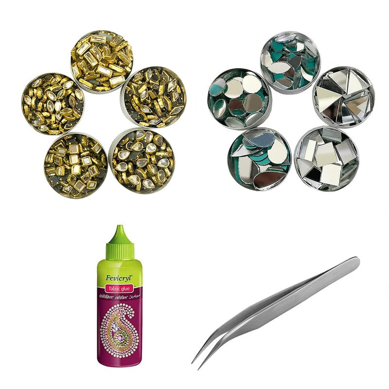 Embroiderymaterial Combo Of Kundan Stone Beads, Craft Mirrors, Tweezers & Fabric Glue For Lippan Art, Jewellery Making, Craft, Embroidery, Embellishment, Toran Making, Aari Work, Bangles Making, Multi - Image 1