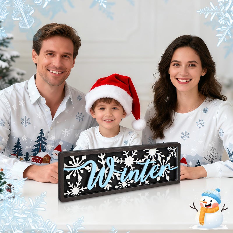 Yewfold Vintage Winter Table Decor Wooden Snowflake Table centerpiece Rustic Farmhouse Winter Decor Sign for Home Office Desk Tiered Tray Shelf Decor (Blue Black) - Image 4