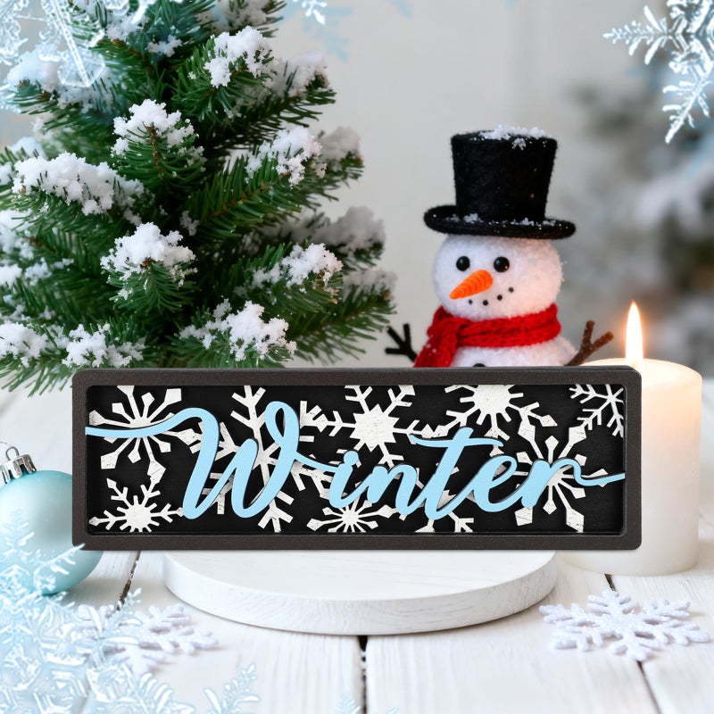 Yewfold Vintage Winter Table Decor Wooden Snowflake Table centerpiece Rustic Farmhouse Winter Decor Sign for Home Office Desk Tiered Tray Shelf Decor (Blue Black) - Image 3