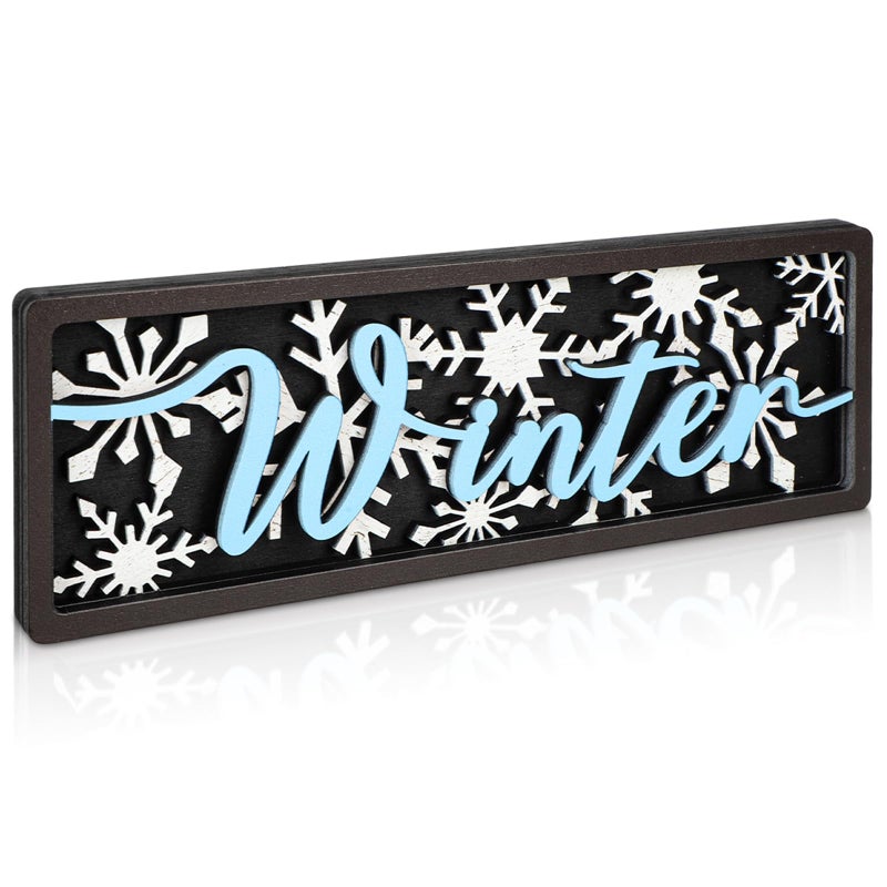 Yewfold Vintage Winter Table Decor Wooden Snowflake Table centerpiece Rustic Farmhouse Winter Decor Sign for Home Office Desk Tiered Tray Shelf Decor (Blue Black) - Image 1