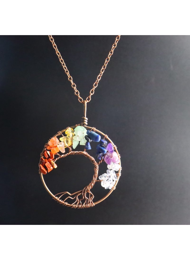 Generic Handmade Rainbow Crystal Tree of Life Pendant Necklace Bronze oblique tree 5CM 