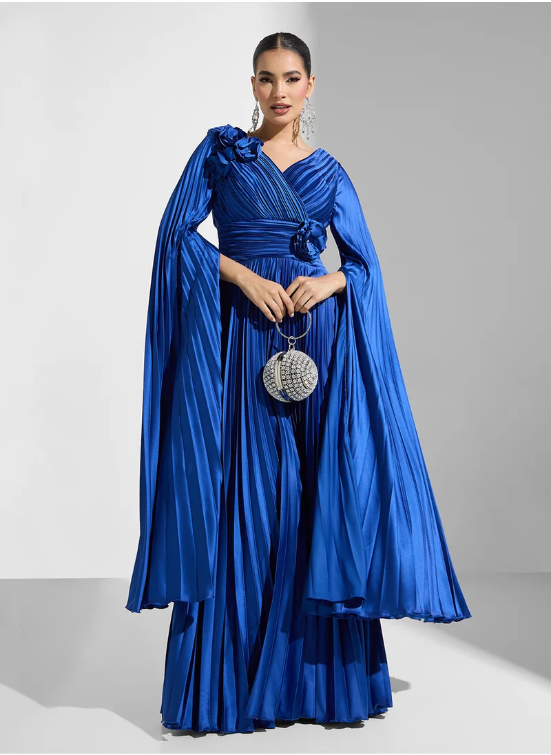 نمشي x Plunge Neck Pleated Dress With Corsage Detail