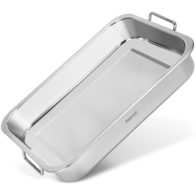 فيسمان صينية تحميص مستطيلة 36×26 سم، مصنوعة من الفولاذ المقاوم للصدأ، صينية تحميص عميقة 6 سم، مقابض قابلة للطي، لمسة نهائية مصقولة، صينية تحميص متينة عالية الحرارة للخبز وفرن التحميص، آمنة للاستخدام في غسالة الأطباق - Image 1