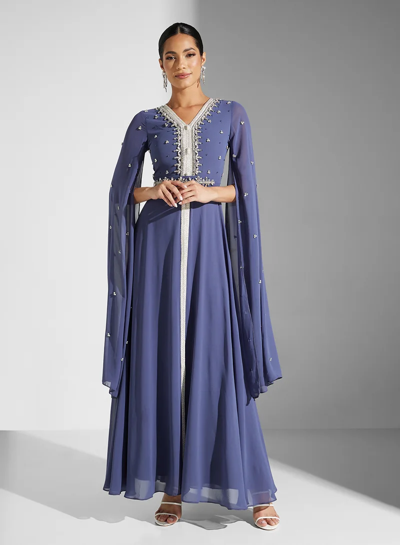 Akadia Fashion LACED NECK EMBELLISHED CHIFFON KAFTAN