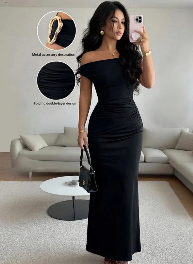 Take Two Black Off-Shoulder Maxi Dress with Ruched Detail