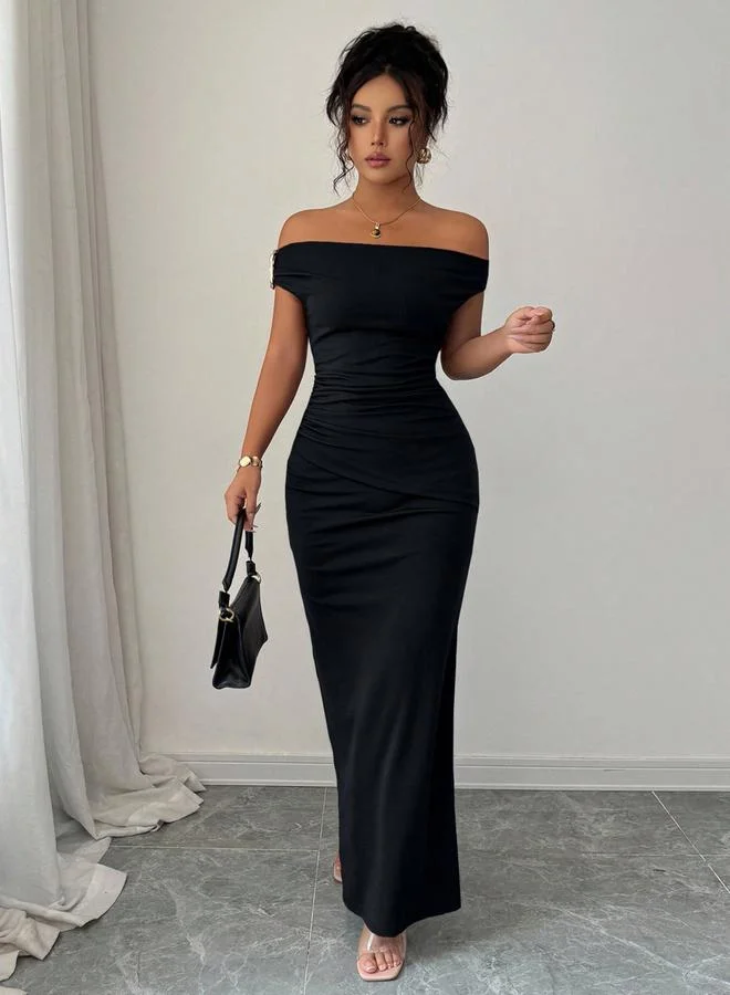 Take Two Black Off-Shoulder Maxi Dress with Ruched Detail