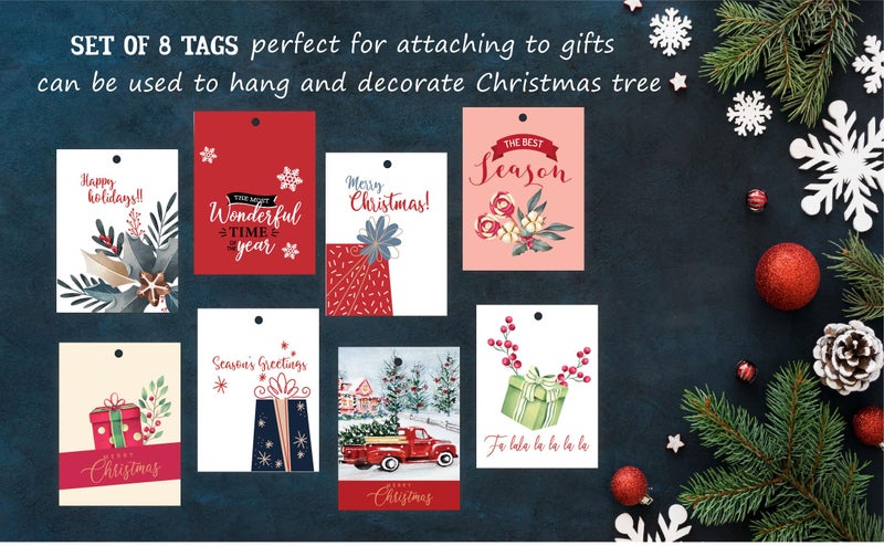 anujarusiya Christmas Greeting cards pack of 5 | 8 gift tags | digital print of Cheerful holiday watercolor illustration | Made on Imported Paper | Each card comes in a Red Envelope | 4"X6" - Image 2