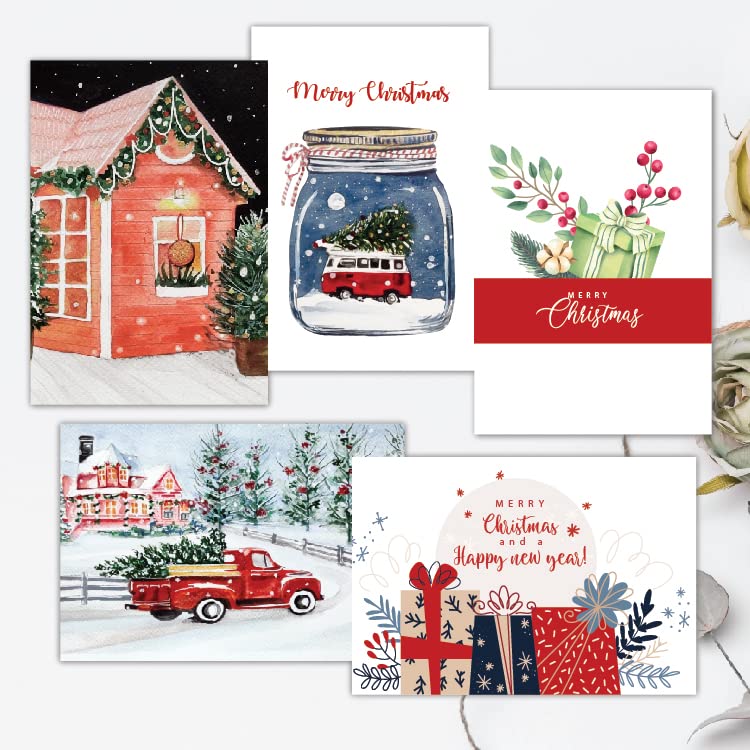 anujarusiya Christmas Greeting cards pack of 5 | 8 gift tags | digital print of Cheerful holiday watercolor illustration | Made on Imported Paper | Each card comes in a Red Envelope | 4"X6" - Image 1
